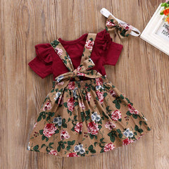 Baby Girl O-Neck Short Sleeve Ruffle Floral Suspender 2 Pcs Sets