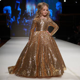 Kids Girl Party Wedding Gorgeous Gold Sequins Pageant Gown Princess Dress