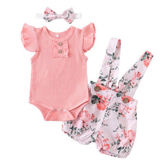 Baby Girl Flying Sleeve Ribbed Floral 3 Pcs Set