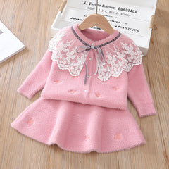 Kid Girl Autumn Winter Suit Wool Sweaters 2 Pcs Sets