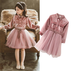 Kid Girl Golden Velvet Fashionable Spring Dresses