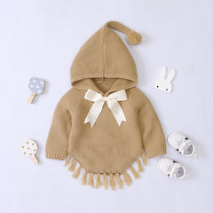 Baby Girl Hooded Cape Bow Knit Sweater