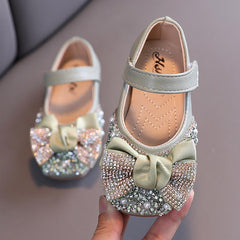 Girl Pearl Rhinestone Leather Shoes with Bow Tie