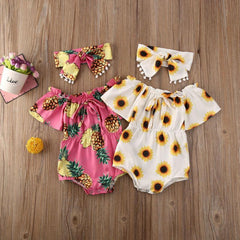 Baby Girl Off Shoulder Sunflower Short Sleeve Romper 2 Pcs Set