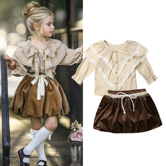 Girl Party Autumn Long Sleeve Ruffle 2 Pcs Outfits 1-6 Years