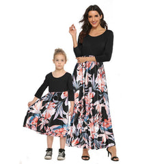 Autumn Family Matching Mom and Daughter Long Sleeve Long Dress