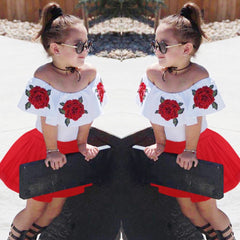 Summer Baby Kid Girls Off Shoulder Rose Embroidery 2 Pcs Sets