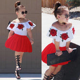 Summer Baby Kid Girls Off Shoulder Rose Embroidery 2 Pcs Sets