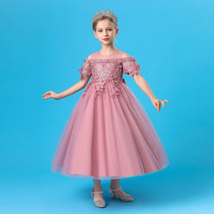 Kid Girl Princess Lace One-line Shoulder Long Flower Wedding Dresses