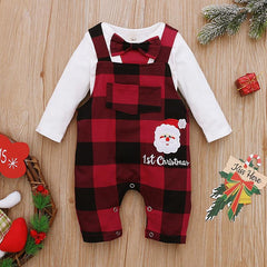 Baby Boy Girl White Long Sleeve Bow Tie Plaid 2 Pcs Set