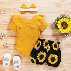 Baby Girls Ruffle Ribbed Sunflower Shorts 3 Pcs Set