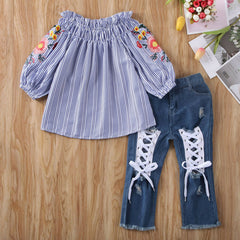 Kid Girl Flower Embroidered Off Shoulder Denim Sets 2 Pcs