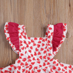 Baby Girl Heart Printed Sleeveless Dress Ruffle Valentine 2 Pcs Sets