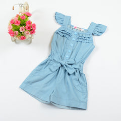 Kid Baby Girls Onesie Jean Fly Sleeves Bow Summer Rompers
