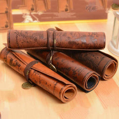 Vintage Retro Treasure Map Canvas Leather Pencil Pouch Stationery Storage
