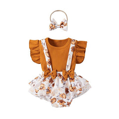 Baby Girl Ruffle Sleeve Ribbed Floral 3 Pcs Sets
