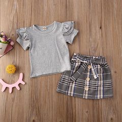 Toddler Baby Girls Long Sleeve Ruffle Plaid Set 2 Pcs Suits