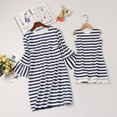 Family Matching Mother Daughter Lace Skirt Stripe Dress