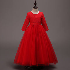 Kid Girl Princess Lace Wedding Pompadour Long Sleeve Dresses