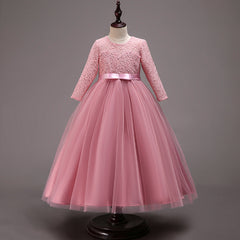 Kid Girl Princess Lace Wedding Pompadour Long Sleeve Dresses