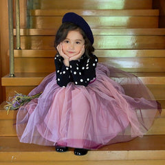 Girls Dress Polka Dots Winter Cotton Patchwork Mesh Dresses 2-8 Years