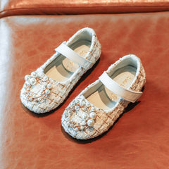 Girls Leather Shoes Fashion Grid Pearl Rhinestone Princess Shoes Flat Sneakers