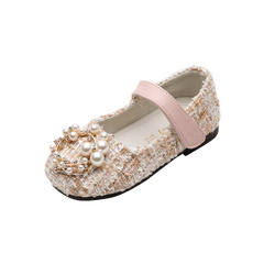 Girls Leather Shoes Fashion Grid Pearl Rhinestone Princess Shoes Flat Sneakers