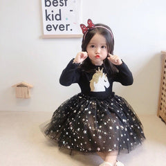 Girls Unicorn Star Sequins Cute Mesh Casual Dresse2-7 Years