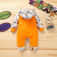 0-12M Baby Halloween Pumpkin Hooded Long Sleeves Romper