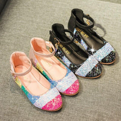 Girls Princess with Low Heel Sequin Mixed Rainbow Color Dance Party Shoes