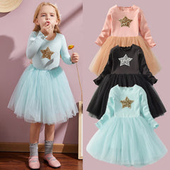 Girl Autumn Full Sleeve Sequined Printing Mesh Holiday Casual Dresses 2-8 Years