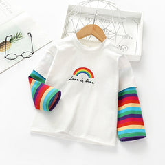 Girls Autumn Spring Rainbow Printed Striped Tees Cotton Sofy Shirt