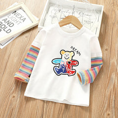 Girls Autumn Spring Rainbow Printed Striped Tees Cotton Sofy Shirt