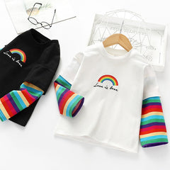 Girls Autumn Spring Rainbow Printed Striped Tees Cotton Sofy Shirt