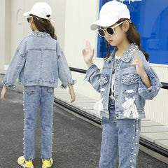 Girl Casual Korean Style Autumn Jeans Denim Suit Outfits 2 Pcs 4-14 Years