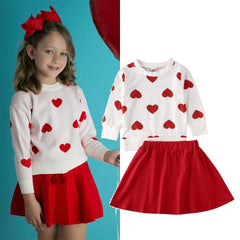 Girl Long Sleeve Love Heart Printed Valentine Skirt 2Pcs Outfits Set