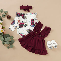 Sweet Baby Girl Long-Sleeve Floral Jumpsuit Dress Headband 3Pcs