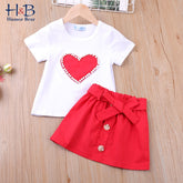 Toddler Girl Outfit Pearls Heart Valentine Top Skirt 2Pcs Sets