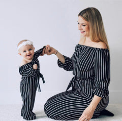 Family Matching Mother Daughter Off Shoulder Long Sleeve Striped Dress