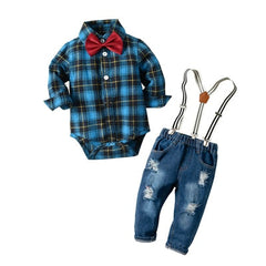 Baby Boy Denim Plaid Gentleman Bib Jeans 4 Pcs Sets Outfit 6-36M