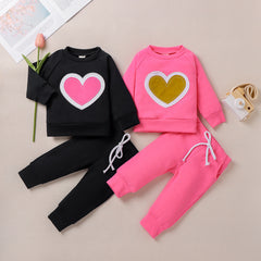 Infants Baby Girl Valentine Pure Color Long Sleeve Love Suit 2 Pcs Set