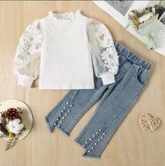 Kid Baby Boy Embroidered Mesh Bubble Sleeve Pearl Hem Jeans 2 Pcs Sets