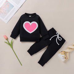 Infants Baby Girl Valentine Pure Color Long Sleeve Love Suit 2 Pcs Set