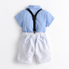 Kid Baby Boy Gentleman Suit Short Sleeve Striped Bow Tie Blue Suspenders 4 Pcs Sets