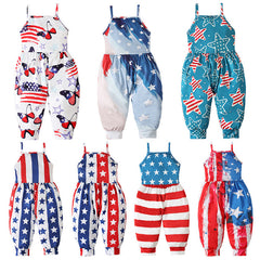 Kid Baby Girl Onesie Crawl Suit American Flag Halter Pants Trousers