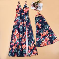 Family Matching Mother Daughter Halter Belt Flower Printed Garden Dresses