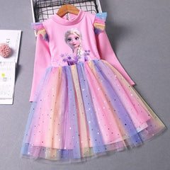 Kid Girl Autumn Winter Plus Velvet Plushed Rainbow Fluffy Gauze Dresses