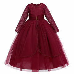 Kid Girl Evening Princess Flower Host Piano Performance Long Sleeve Dresses
