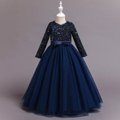 Kid Girl Sequins Birthday Evening Princess Piano Long Sleeves Dresses