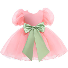 Kid Baby Girls Princess Bubble Sleeve Bow Mesh Puffy Dress